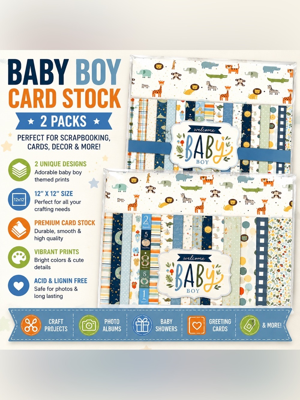 Baby Boy Card Stock 2-Pack - Blue & Cream Scrapbooking Paper